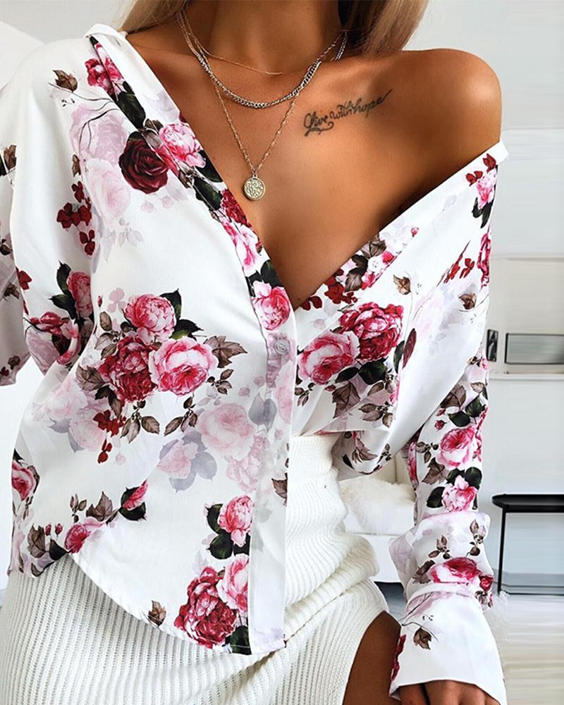 

Floral Print Loose Fit Blouse, White