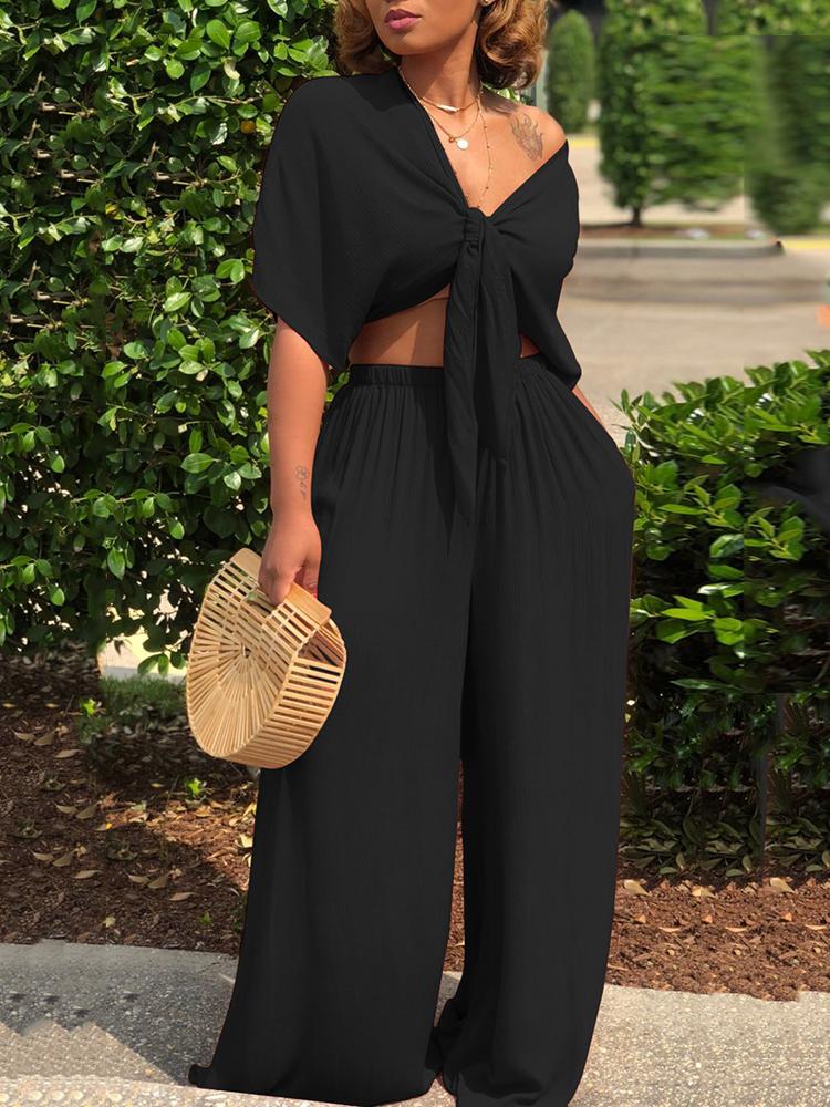 

Solid Knot Front Crop Top & Wide Leg Pants Sets