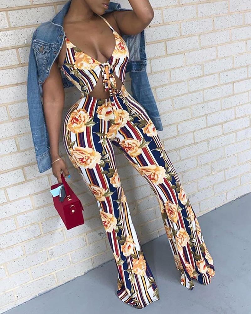 

Floral Striped Print Spaghetti Strap Cutout Jumpsuits