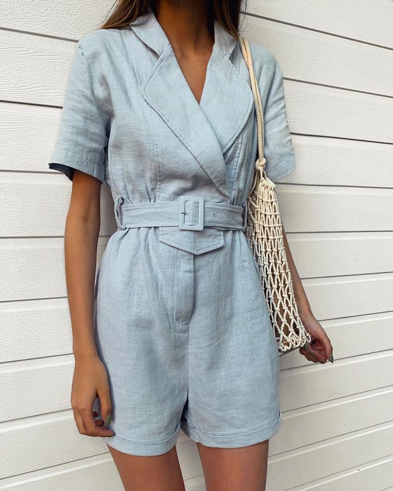 

Solid Notched Neck Short Sleeve Romper