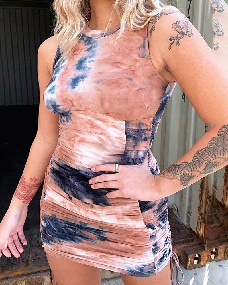 

Tie Dye Print Ruched Sleeveless Bodycon Dress, Brown
