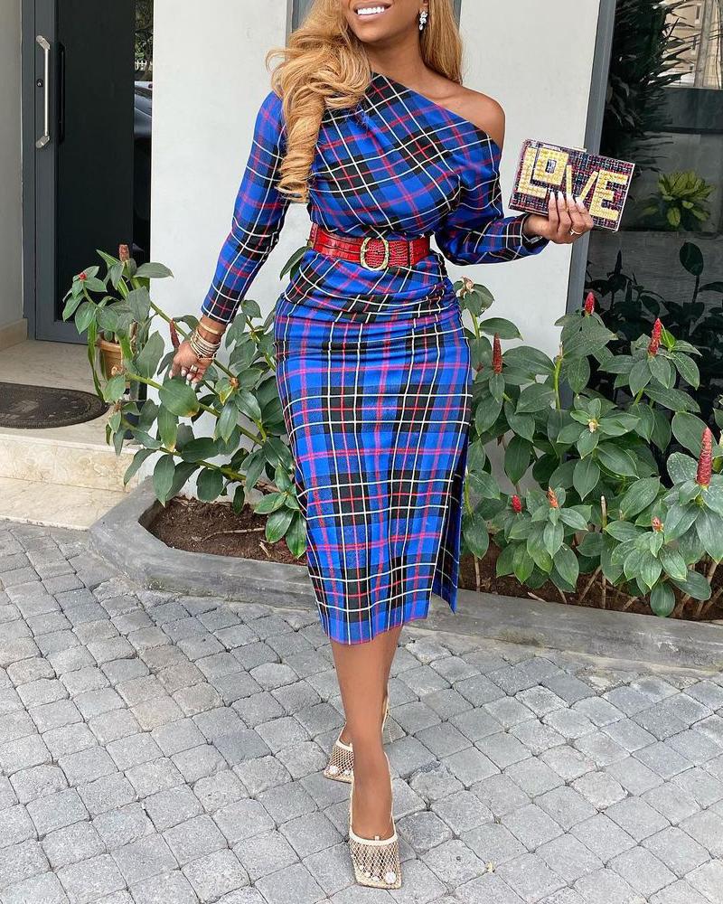 

Plaid Print One Shoulder Dress, Blue