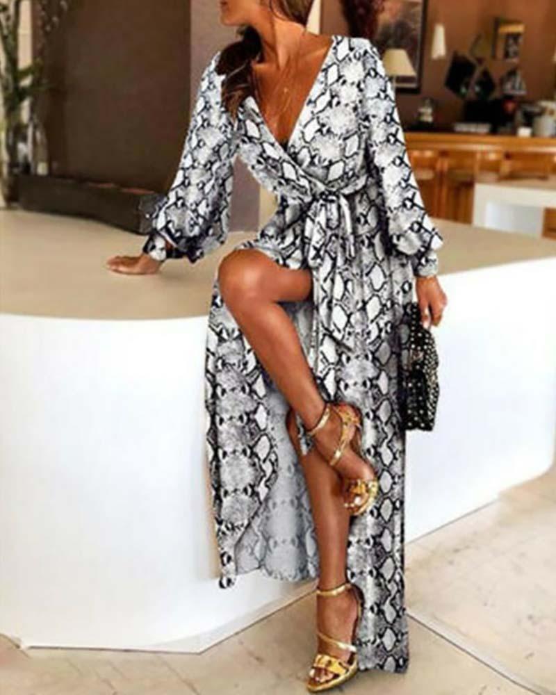 

Print Thigh Slit Wrap Maxi Dress, Gray