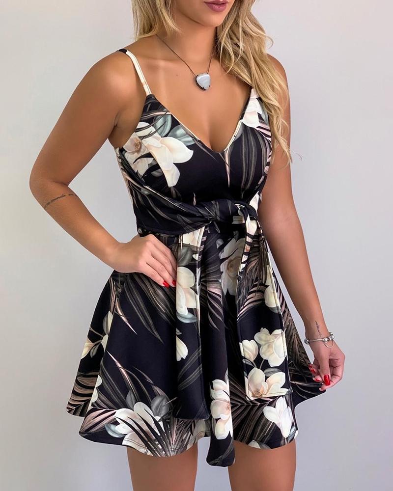 

Floral Print Knotted Front Casual Dress, Black