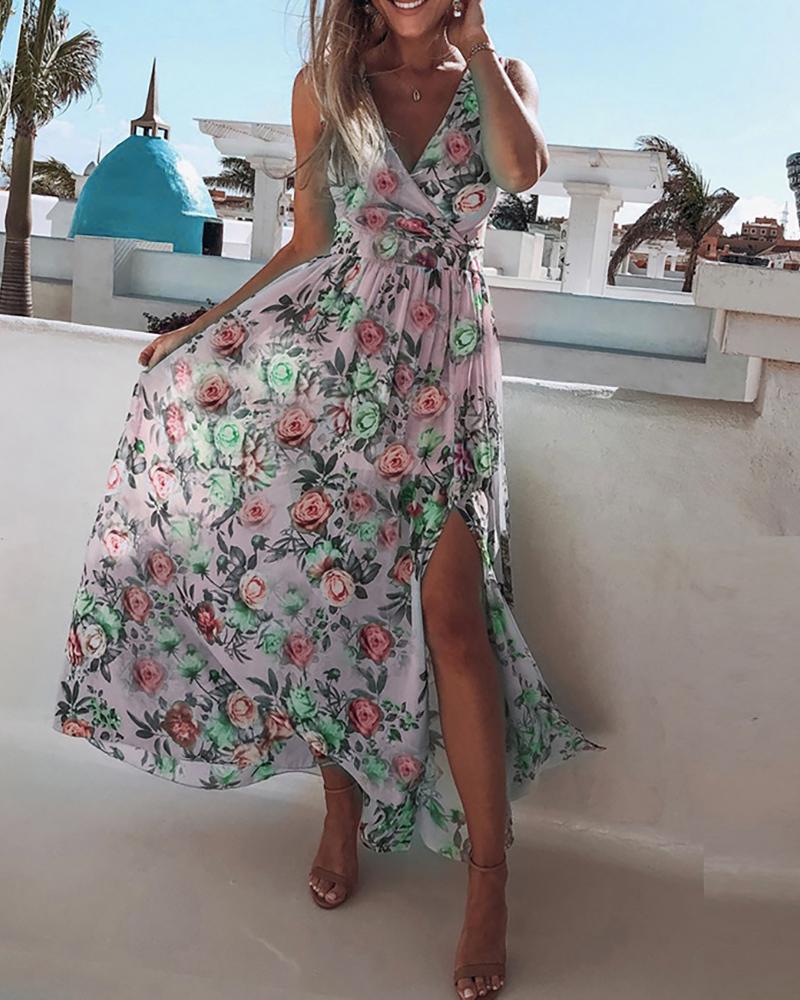 

Floral Print V-neck Slit Casual Dress, Pink