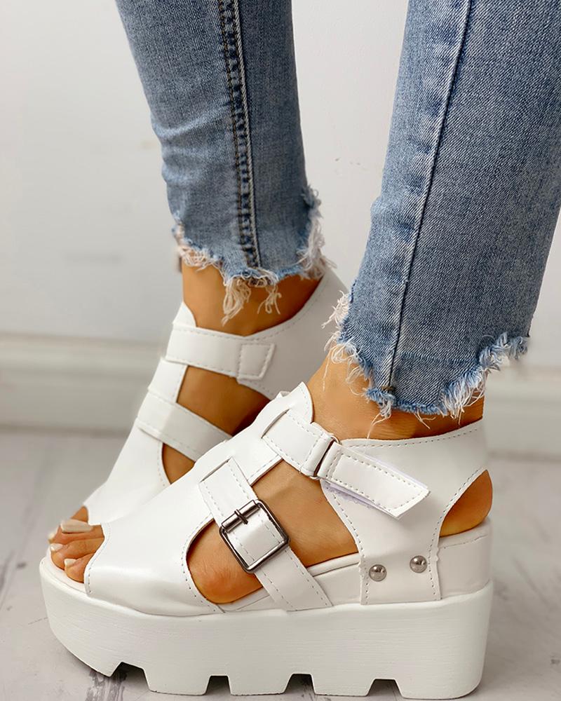 

Cutout Velcro Platform Wedge Sandals, White