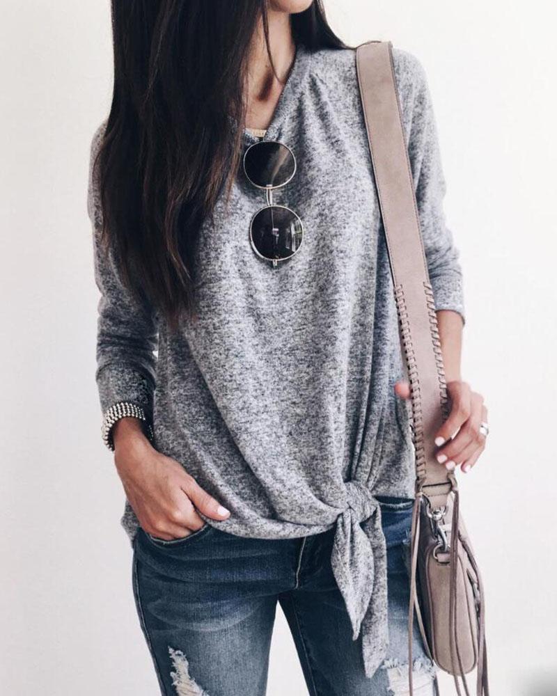 

Solid Long Sleeve Round Neck Knotted T-shirt, Gray