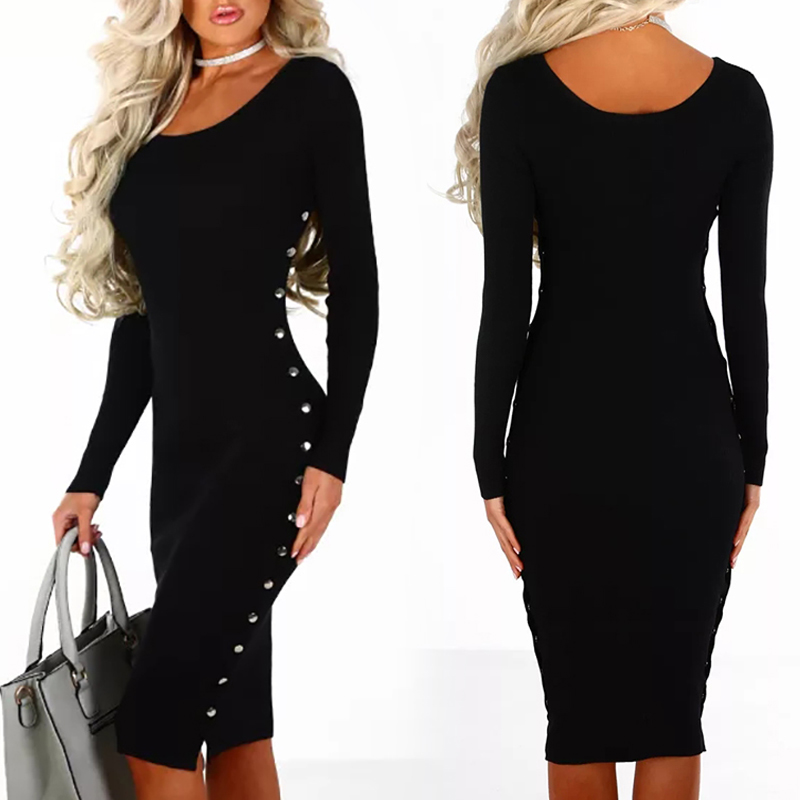 

Sexy Side Button Long Sleeve Bodycon Dress, Black