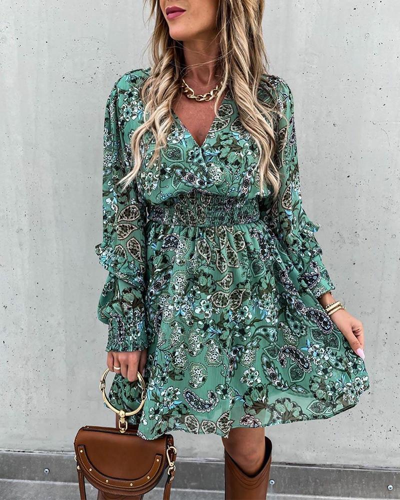 

Printing Skinny Waist Long Sleeve Dress, Green