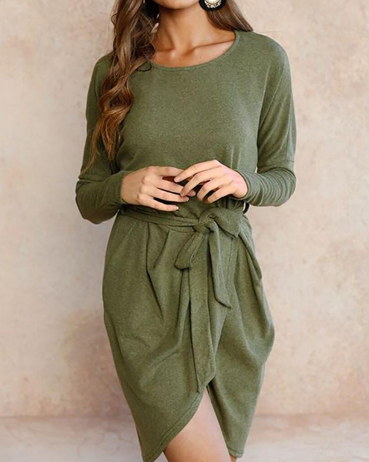 

Trendy Batwing Sleeve Tied Waist Irregular Casual Dress, Green
