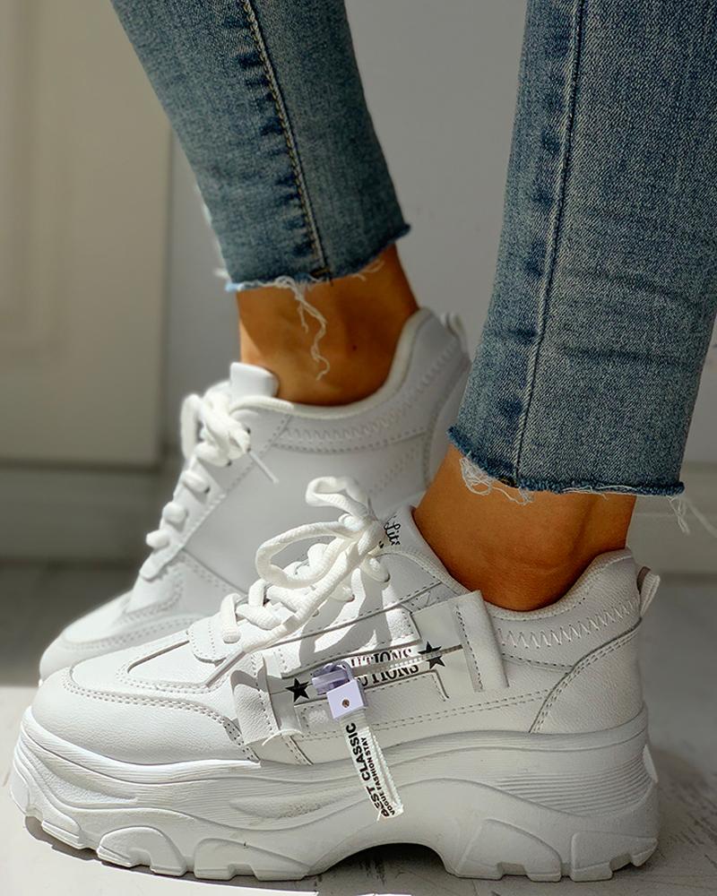 

PU Platform Lace-Up Casual Sneakers, White