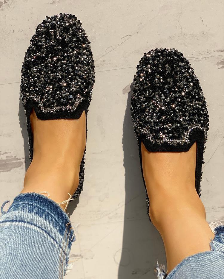 

Stud Detail Pointed Toe Flat Shoes, Black