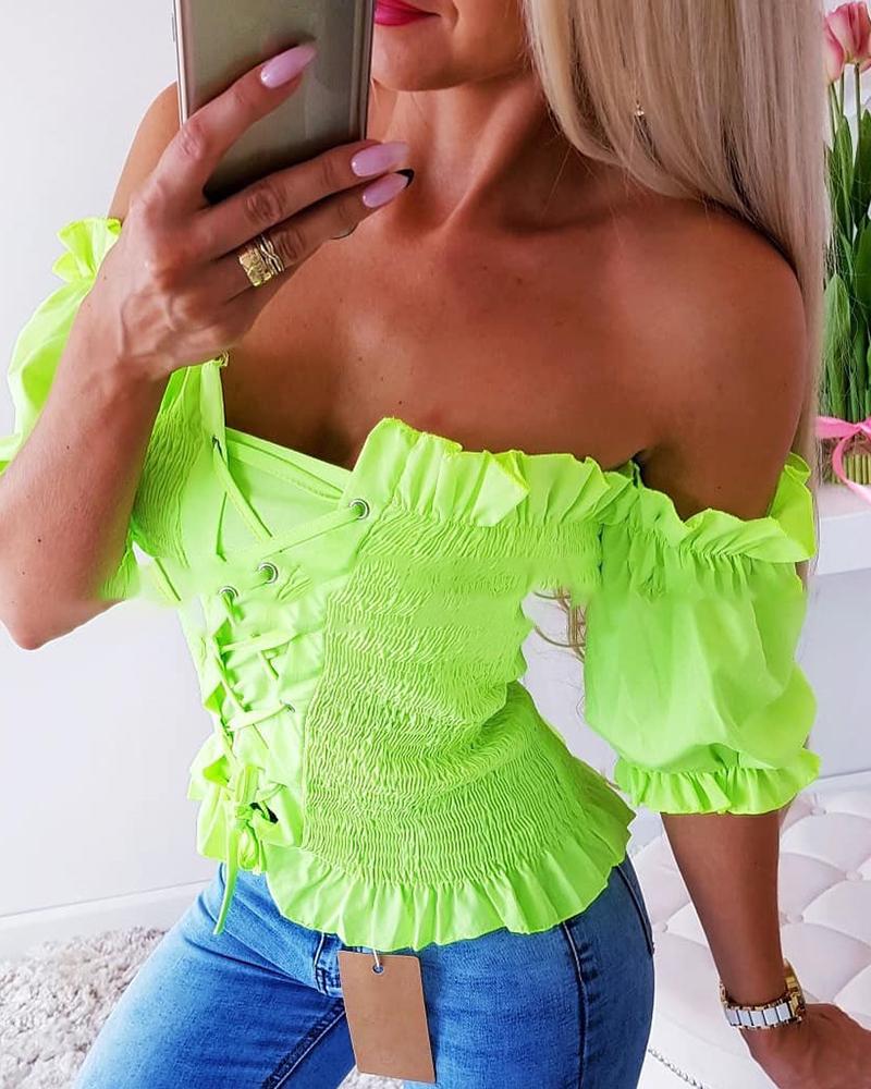

Solid Short Sleeve Lace-Up Ruffles Ruched Blouse, Light green
