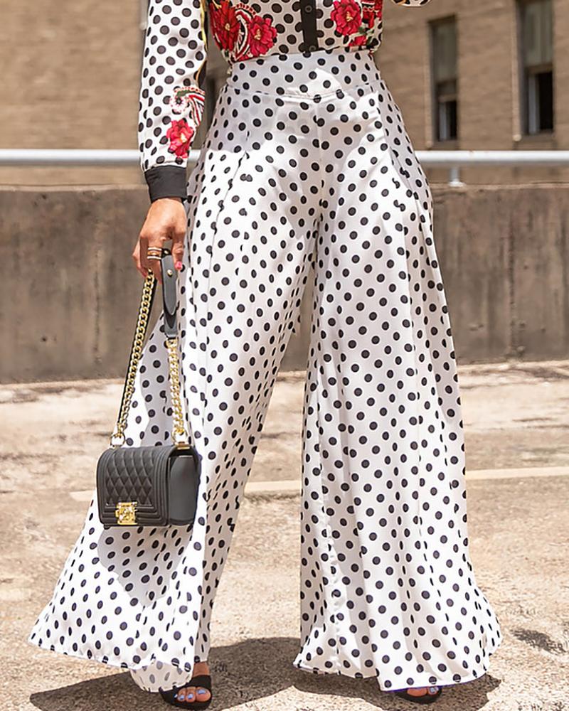 

Dot Print Wide Leg Casual Pant, White