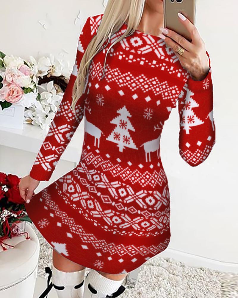 

Christmas Moose Snowflake Print Long Sleeve Dress, Red