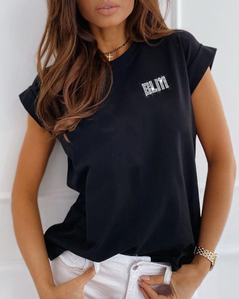 

Bling Rhinestone Letter Pattern T-Shirt, Style4