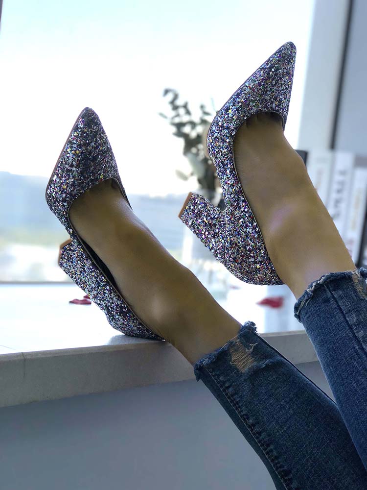 

Glittering Point Toe Chunky Heels, Multicolor