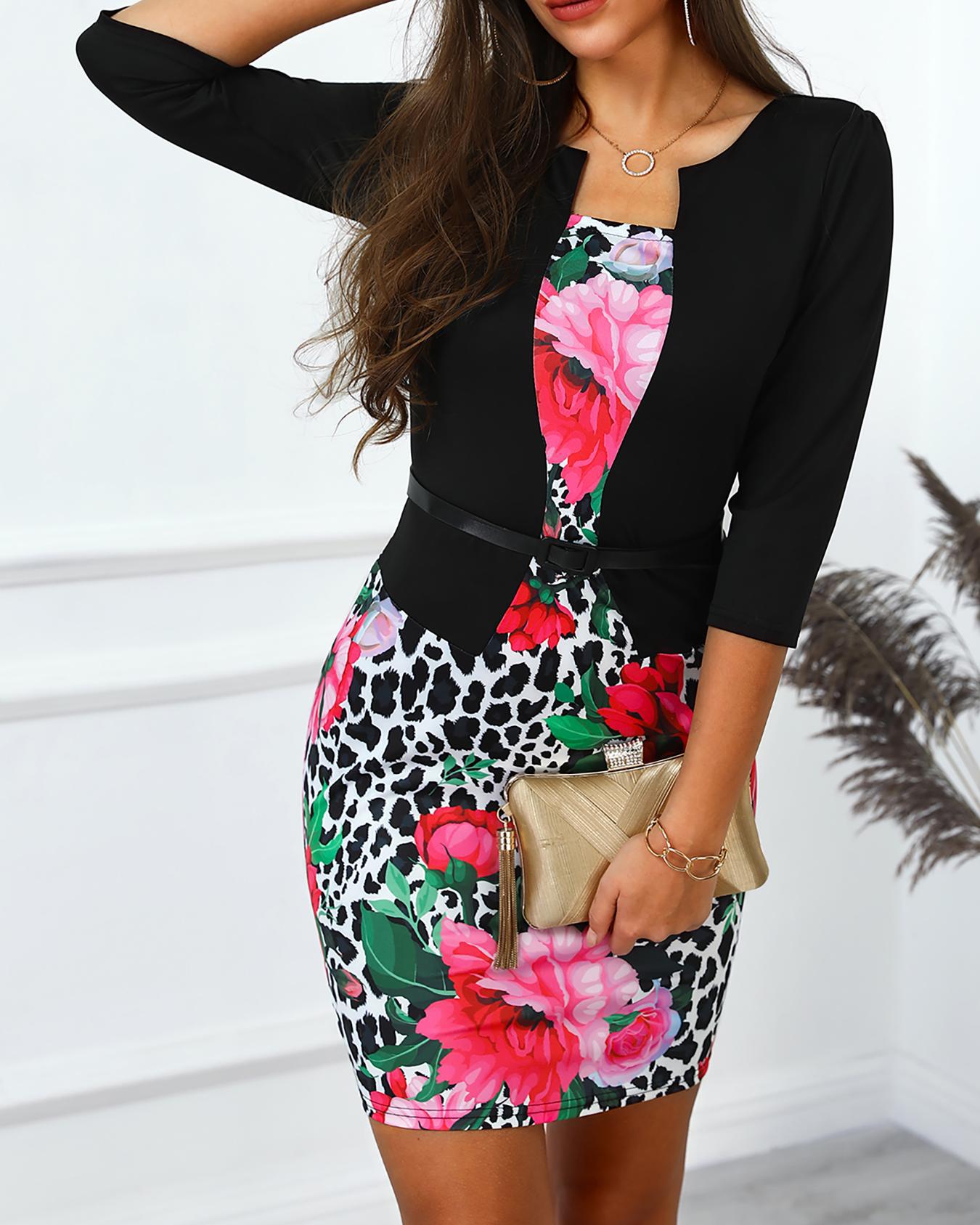 

Floral & Leopard Print Belted Fake Two Piece Dress, Black