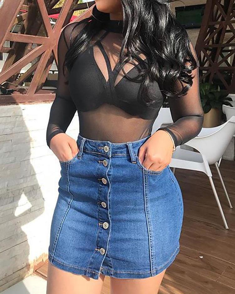 

High Waist Button Detail Slinky Denim Skirt