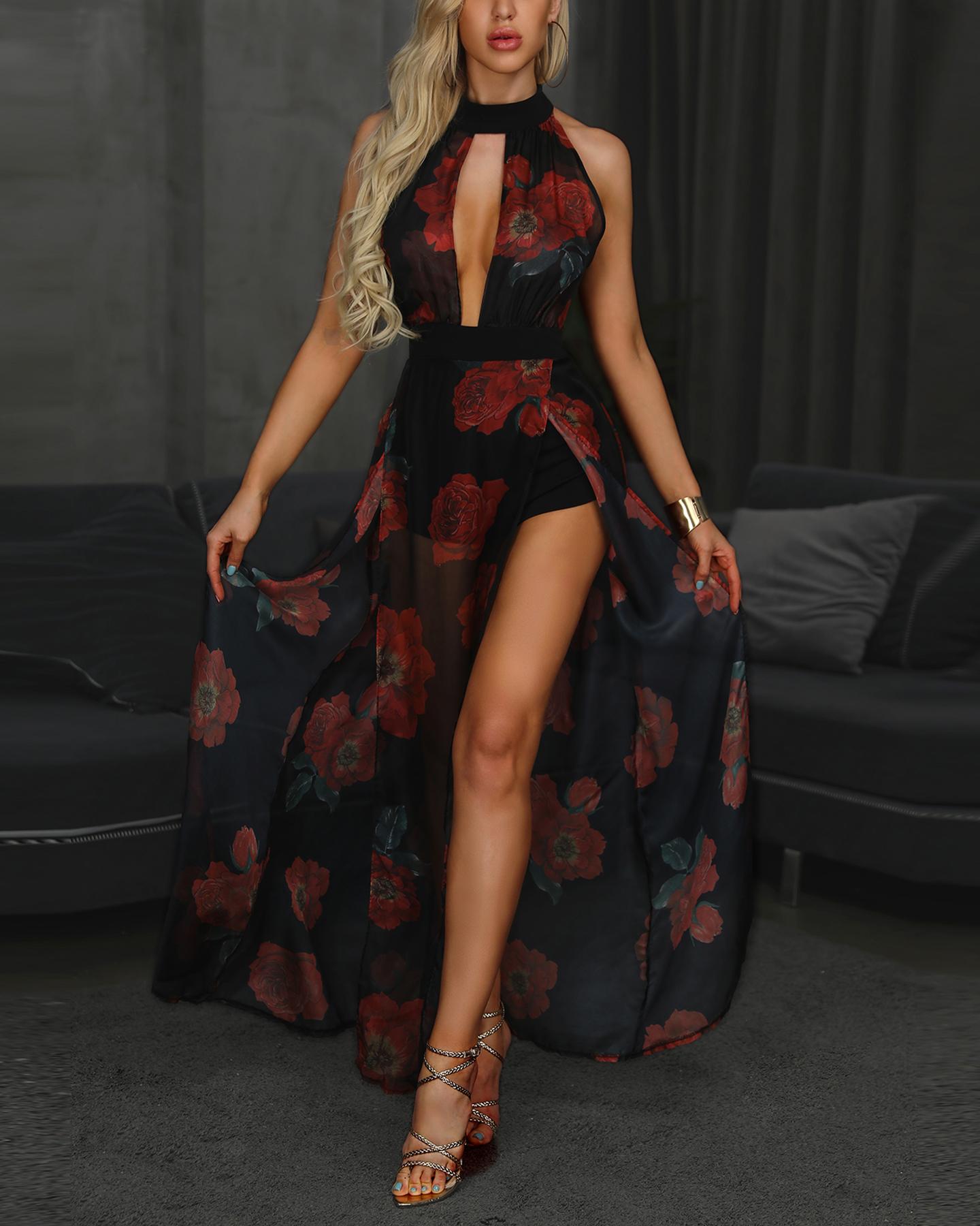 

Floral Print Halter Cutout High Slit Maxi Romper Dress, Black