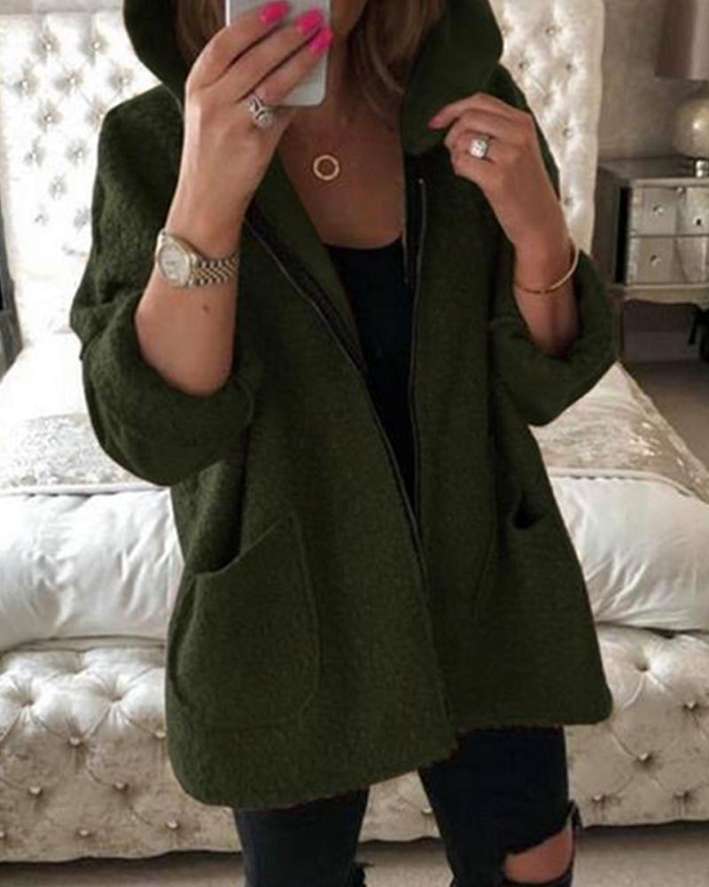

Hooded Zip Front Casual Coat, Green