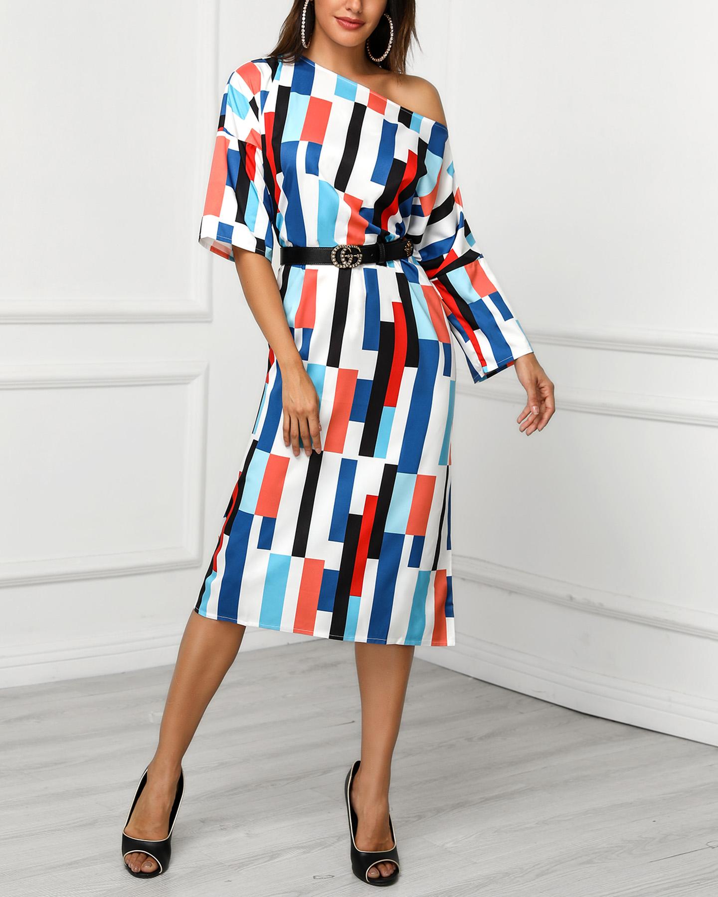 

Colorful Geo Print Skew Neck Loose Casual Dress