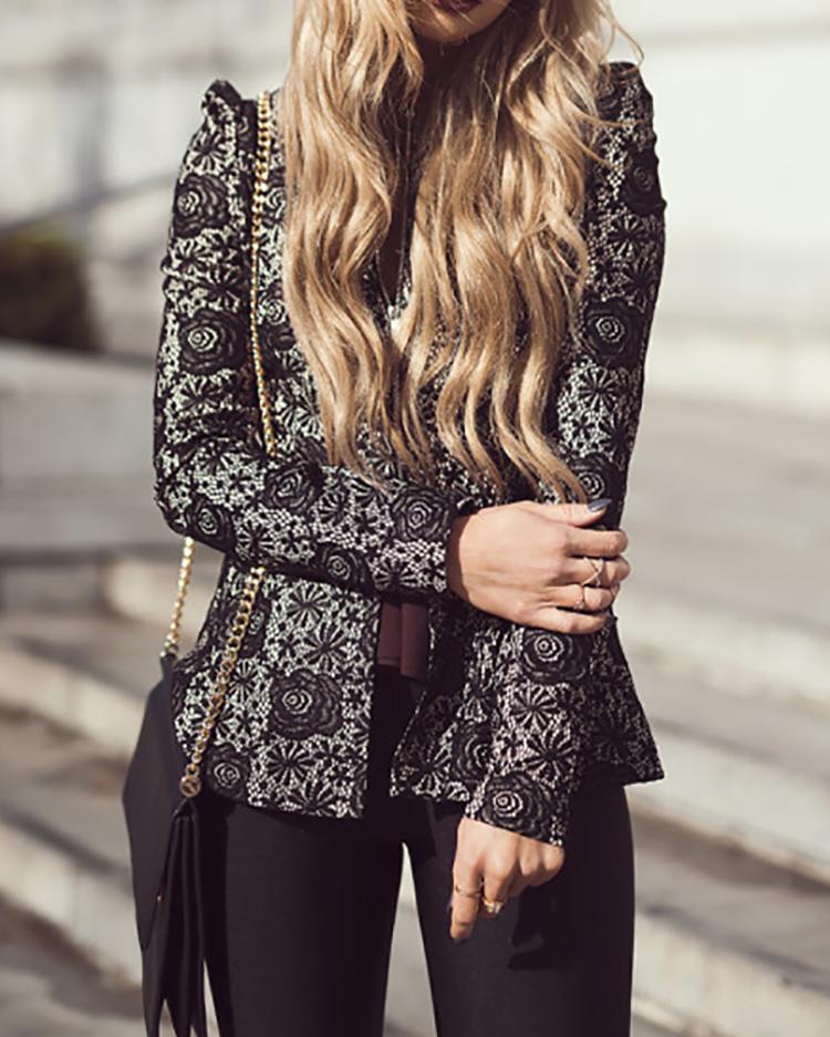 

Long Sleeve Floral Crochet Lace Coat, Black
