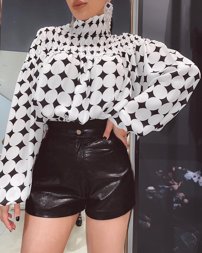 

High Neck Print Long Sleeve Blouse, White