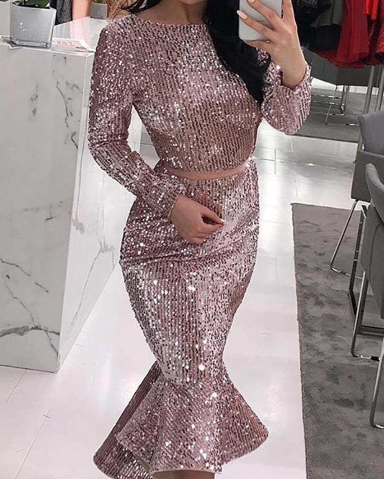 

Mesh Waist Fishtail Sequin Party Dress, Pink