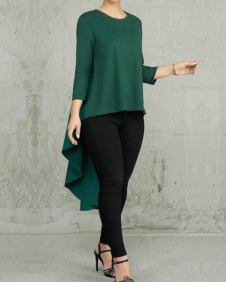 

Splicing Pleated Dip Hem Blouse, Green