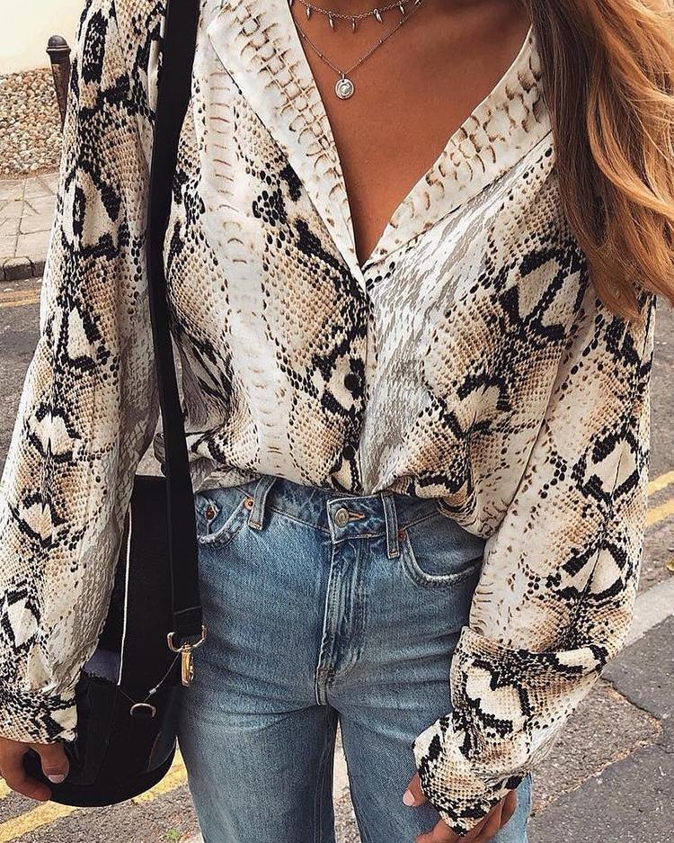 

Snakeskin Print Long Sleeve Loose Blouse, Multicolor