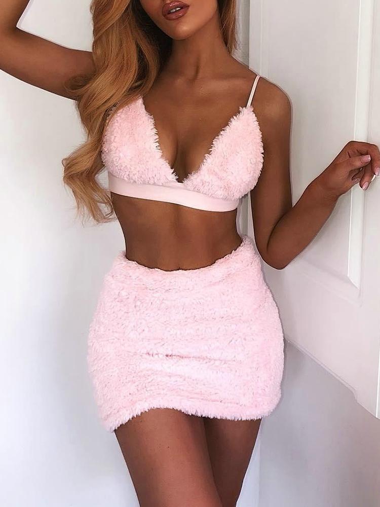 

Fluffy Spaghetti Strap Crop Top & Skirt Sets