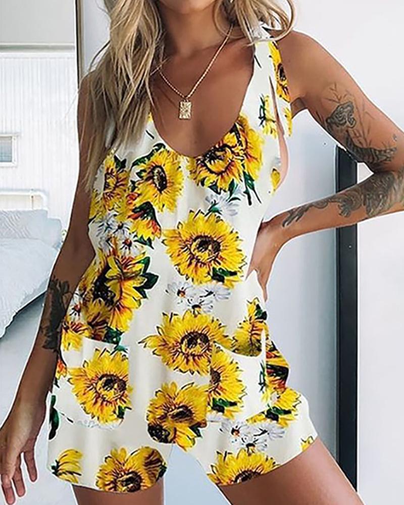 

Sunflower Print Tied Strap Romper, Yellow