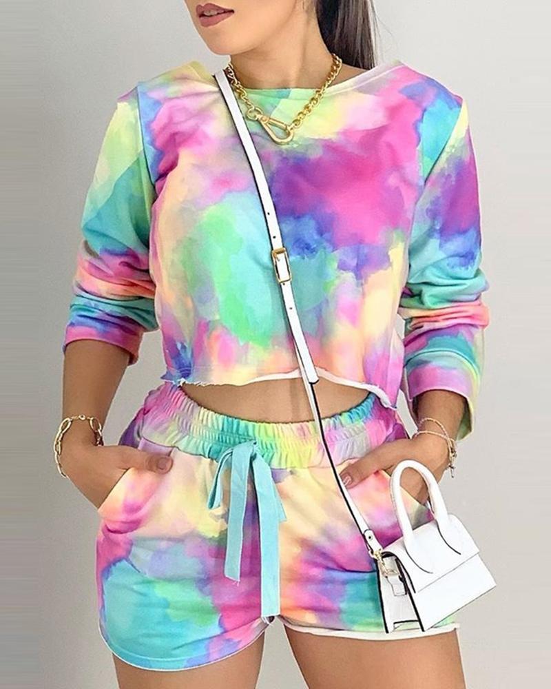 

Bleach Tie Dye Print Top & Dual Pocket Shorts Set, Multicolor