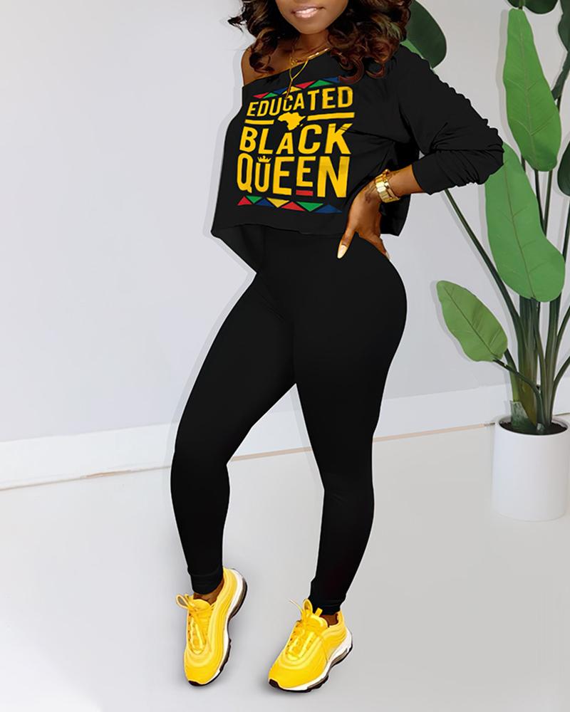 

Skew Neck Letter Print Long Sleeve Top & Pants Sets, Black