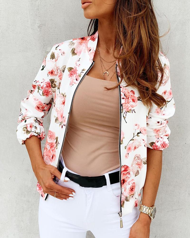 

Floral Print Zipper Design Long Sleeve Jacket, White