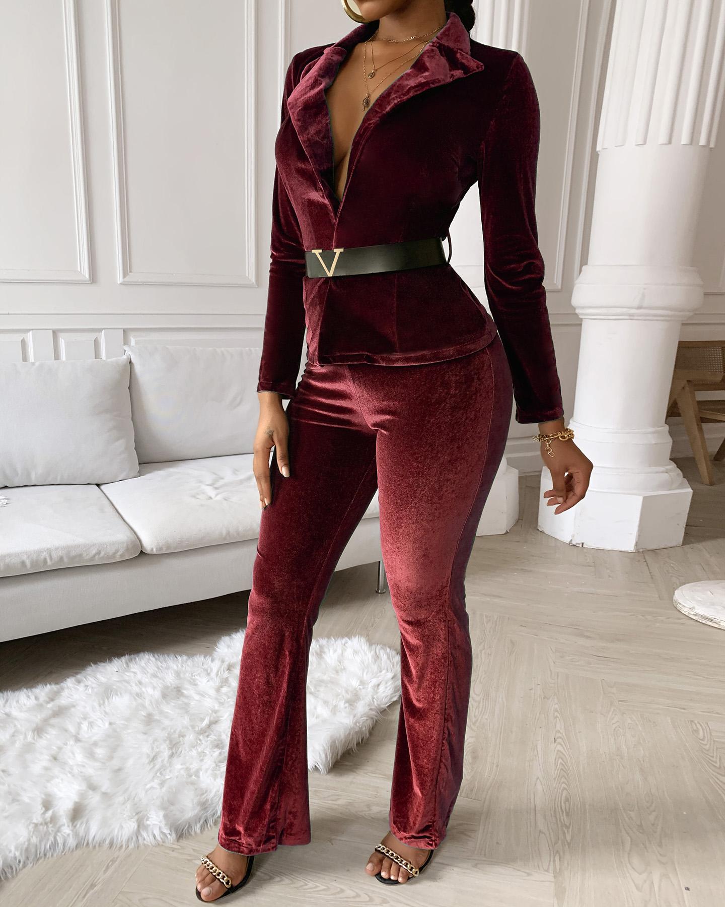 

Velvet Wrapped Tied Waist Sets, Wine red