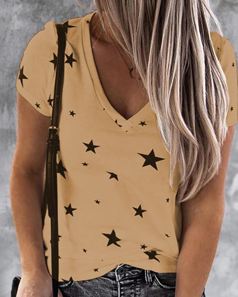 

Star Print V-neck Short Sleeve Casual T-shirt, Khaki