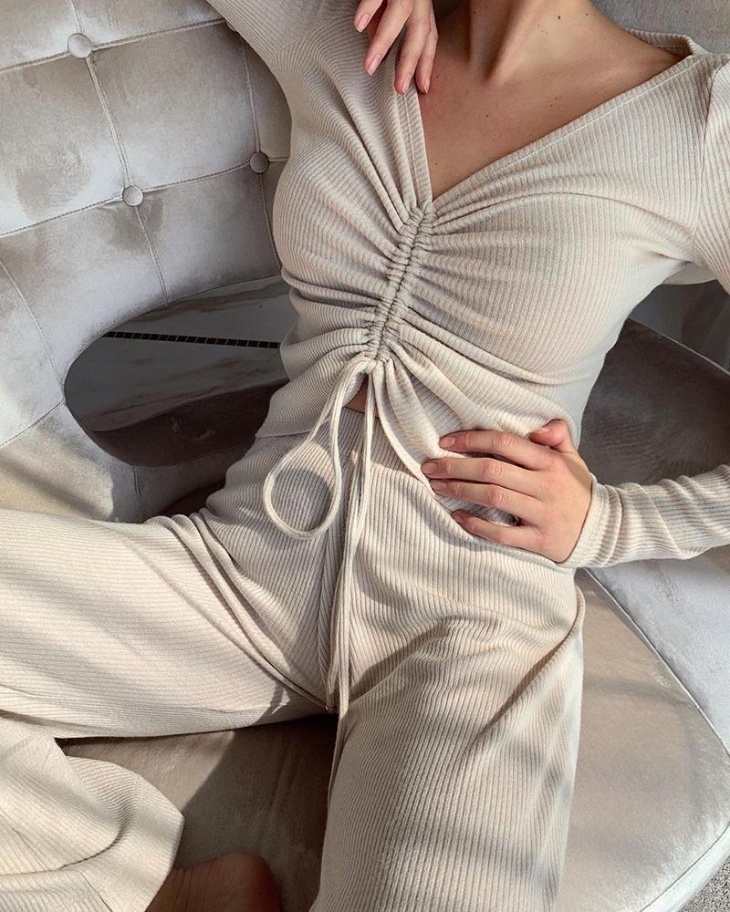 

Plain Drawstring Top & Pants Set, Apricot