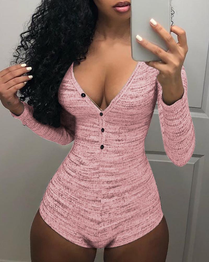 

Long Sleeve Deep-V Romper, Pink