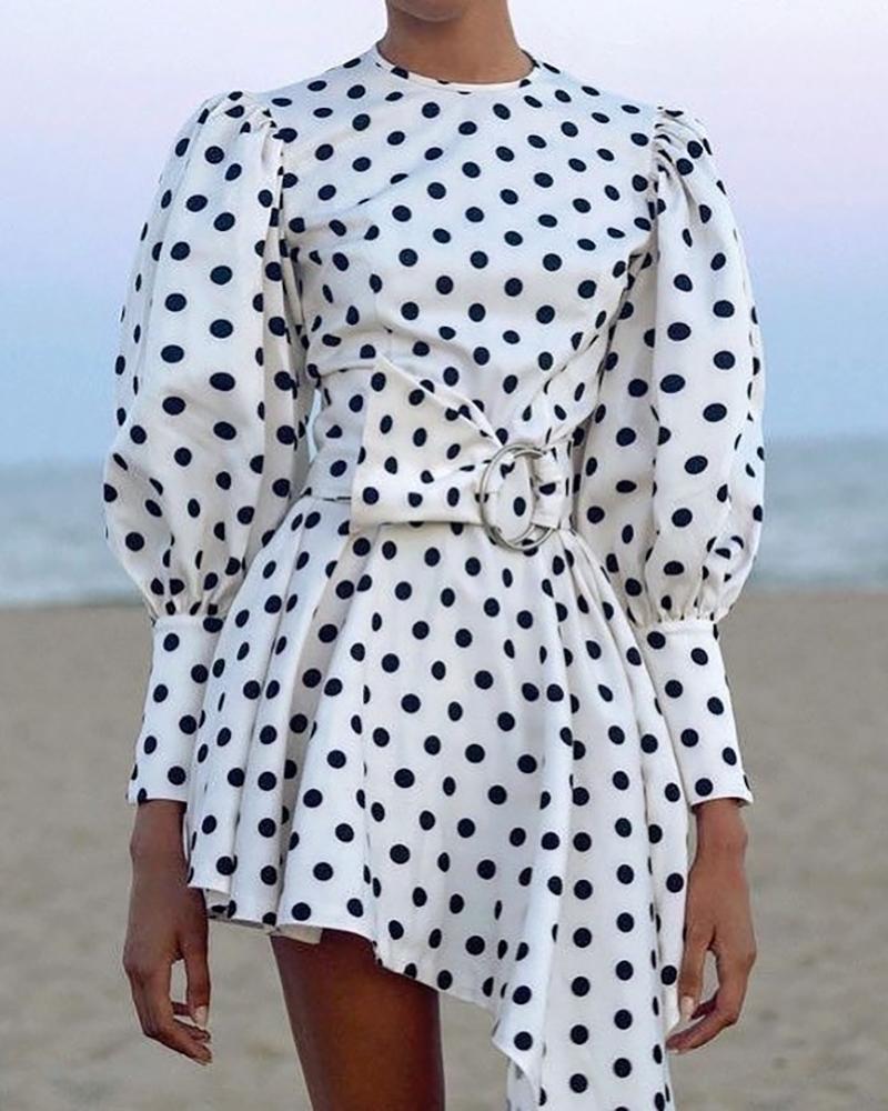 

Polka Dot Lantern Sleeve Irregular Hem Dress, White