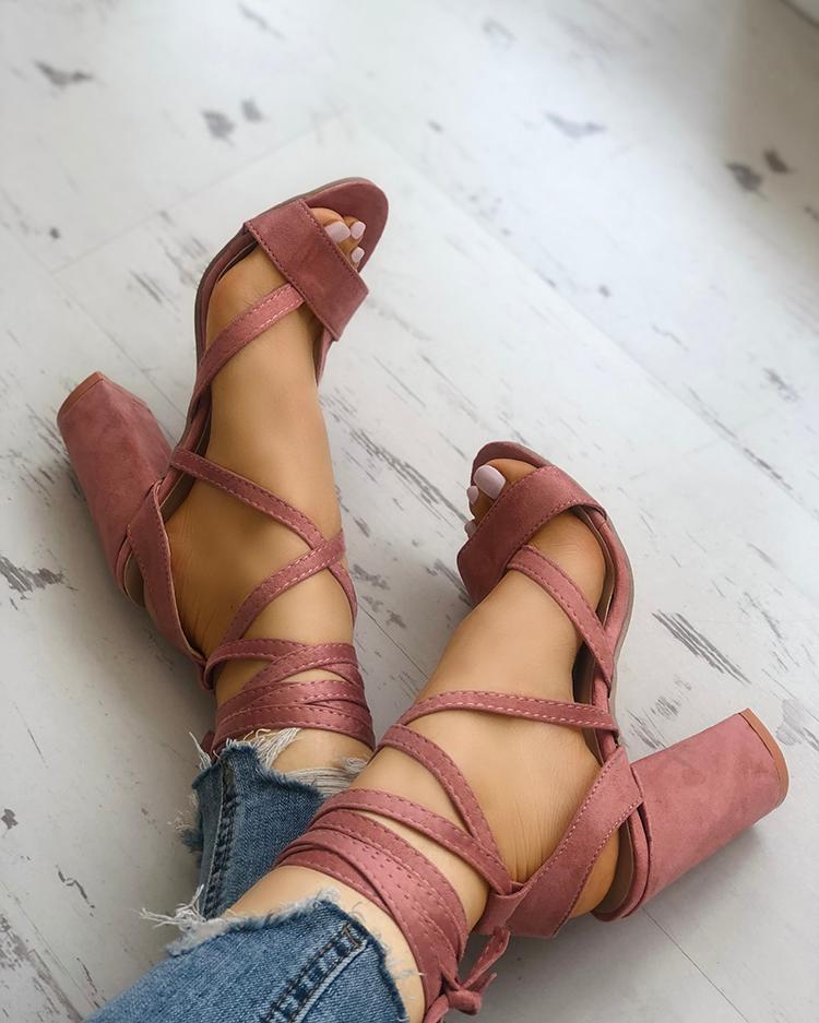 

Solid Strappy Chunky Heeled Sandals, Pink