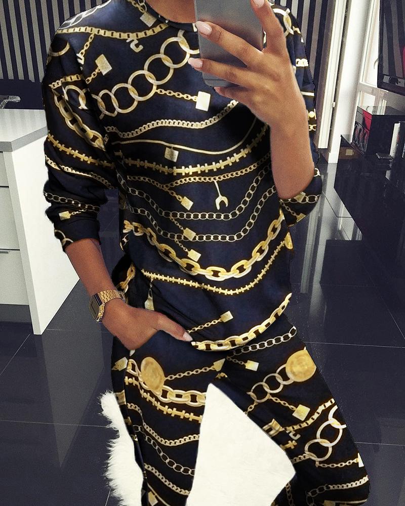 

Long Sleeve Cahin Print Top & Pants Set, Black