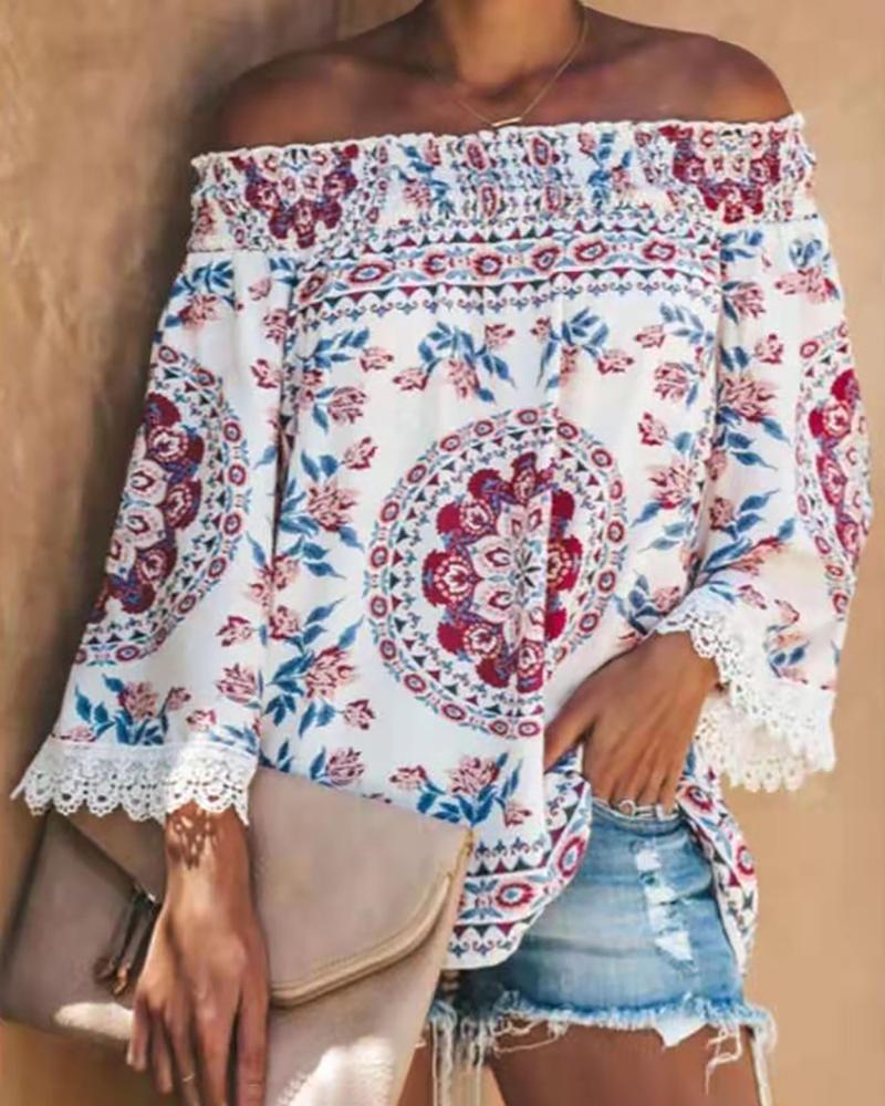 

Off Shoulder Print Shirring Design Lace Insert Blouse, White