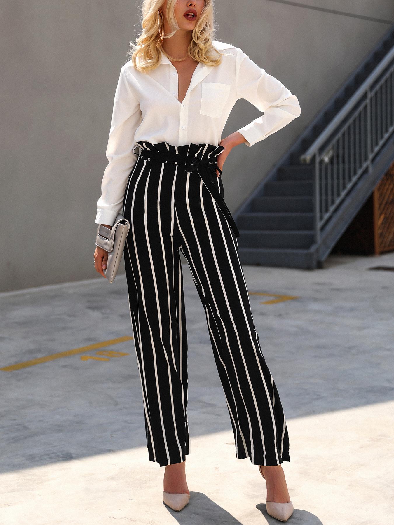 

Frills Striped Belted High Waist Wide Leg Pants, Black