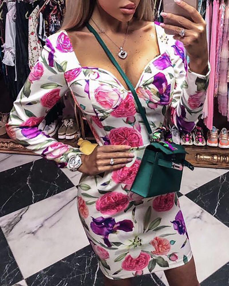 

Long Sleeve Floral Print Bodycon Dress, Multicolor