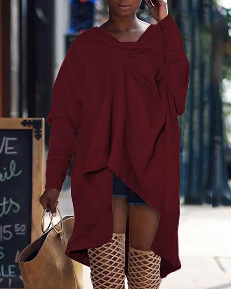 

Long Sleeve Solid Color Irregular Dress, Wine red