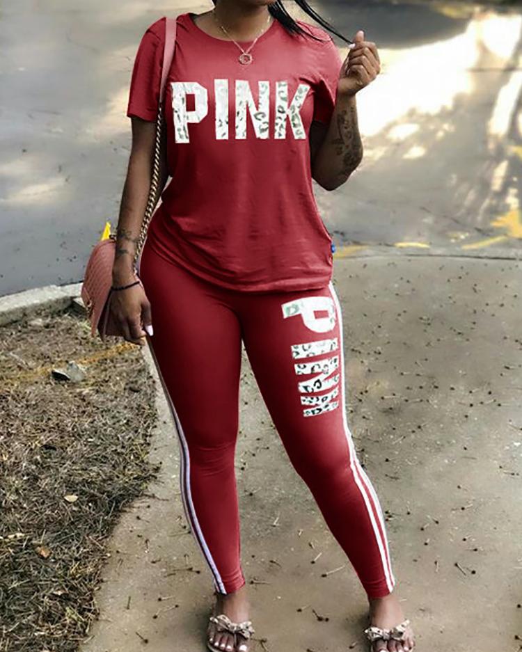 

Fashion Striped Letter Print T-shirt & Pants Set, Wine red