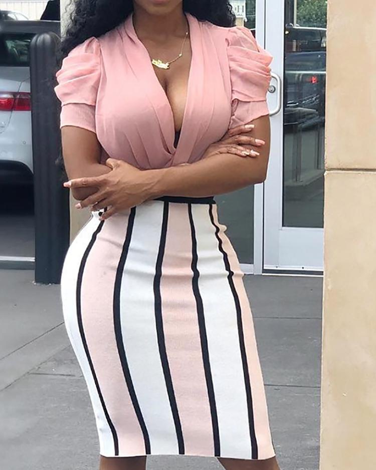 

Puff sleeve Stripe Patchwork Bodycon Dress, Pink