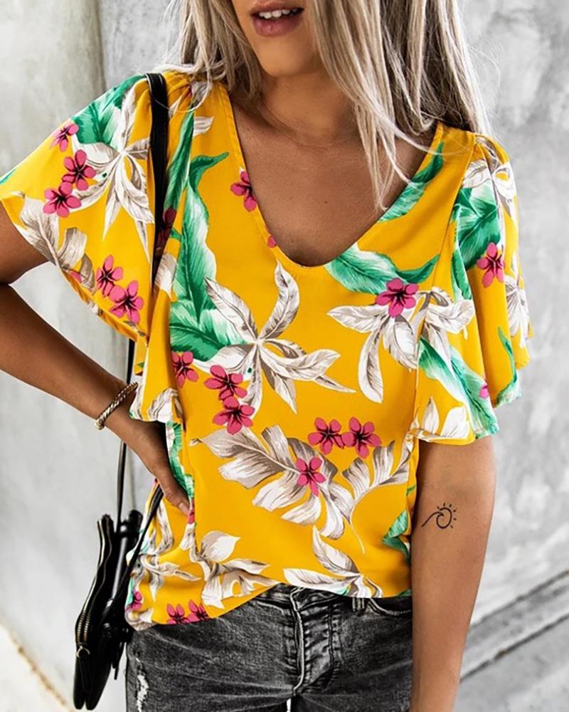 

Tropical Print Ruffles Casual T-shirt, Yellow